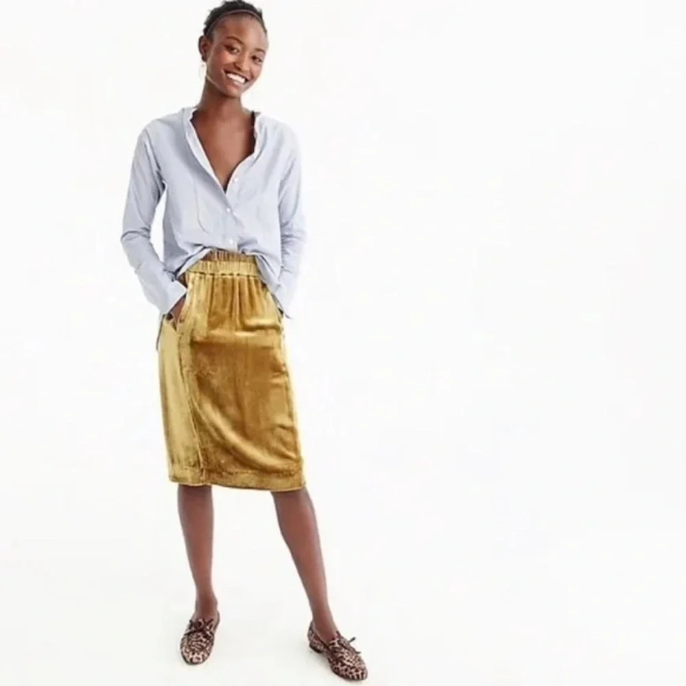 J Crew Crushed Velvet Skirt Midi Straight Gold Yellow Size Small